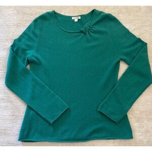 Garnet Hill Womens Cashmere Green Sweater Sz L Shoulder Bow Accent Knit Pullover